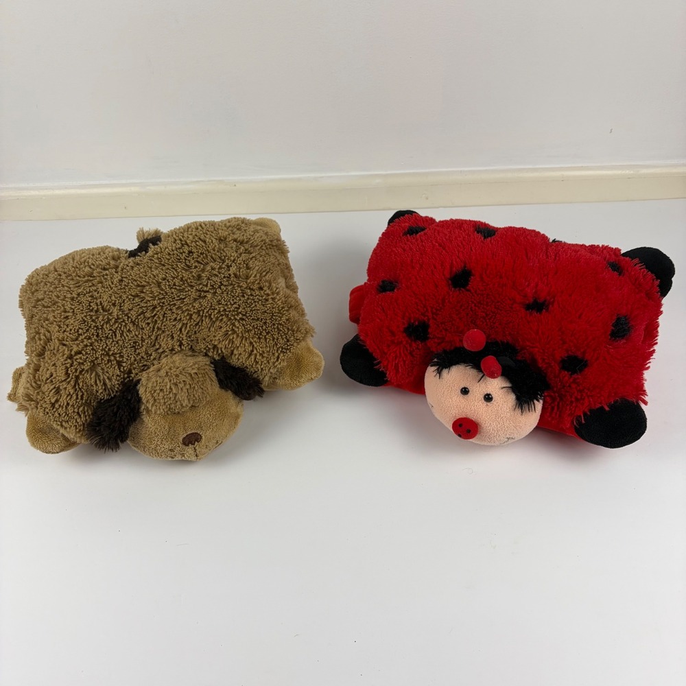 Set of 2 Pillow Pets Pee-Wee 11 inch Plush Set Brown Dog and Ladybug 2010 Mini
